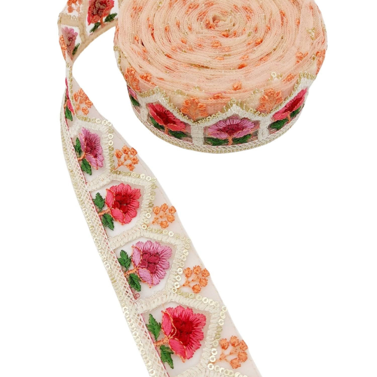9 Yards Peach Soft Net Lace Trim Floral Embroidery and Gold Sequins, Floral Sari Border, Decorative Trim