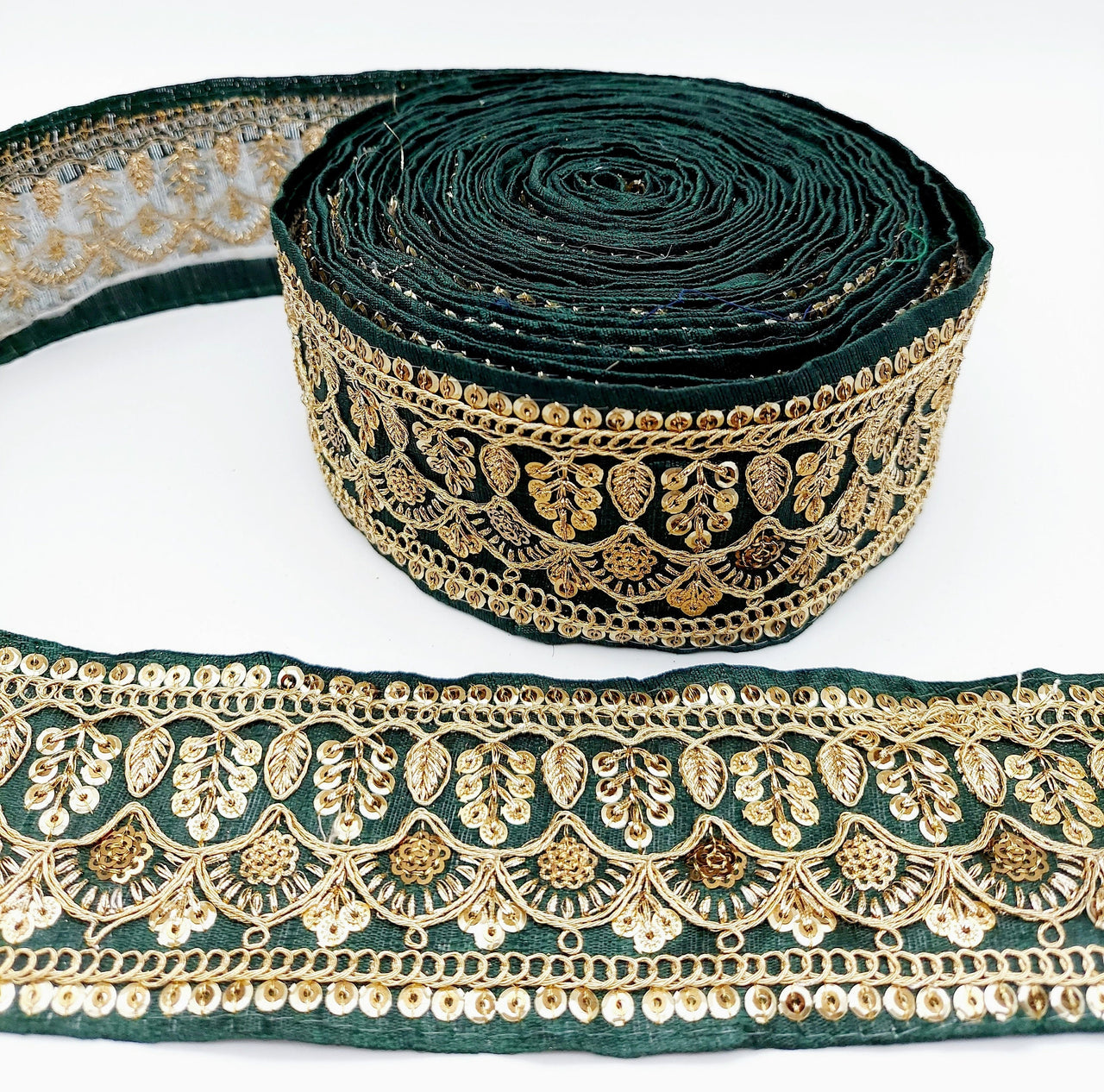 Dark Green Gold Embroidered Lace Trim Sequins Trim 9 Yard Decorative Sari Border Costume Ribbon Crafting Sewing Tape