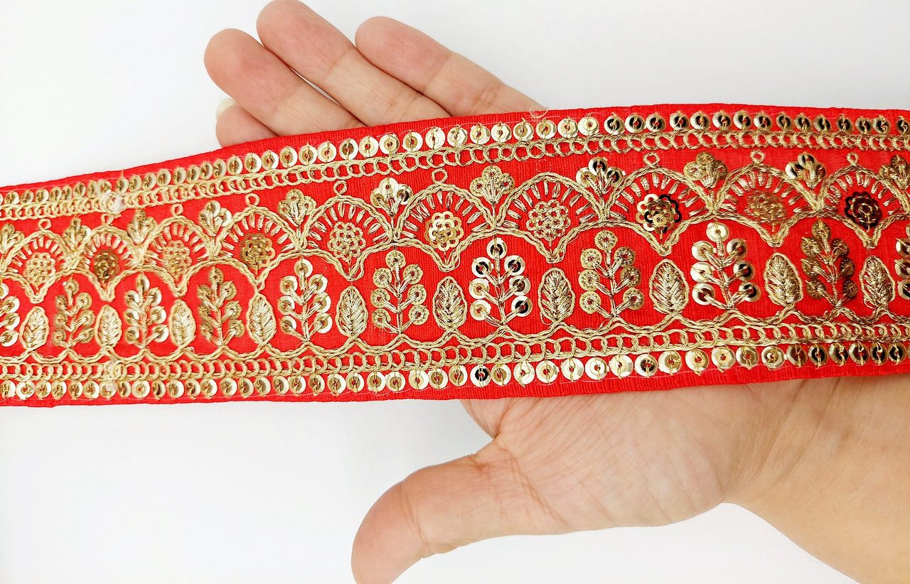 Red Gold Embroidered Lace Trim Sequins Trim 9 Yard Decorative Sari Border Costume Ribbon Crafting Sewing Tape