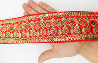 Thumbnail for 2 Yards, Red Gold Embroidered Lace Trim Sequins Trim 9 Yard Decorative Sari Border Costume Ribbon Crafting Sewing Tape