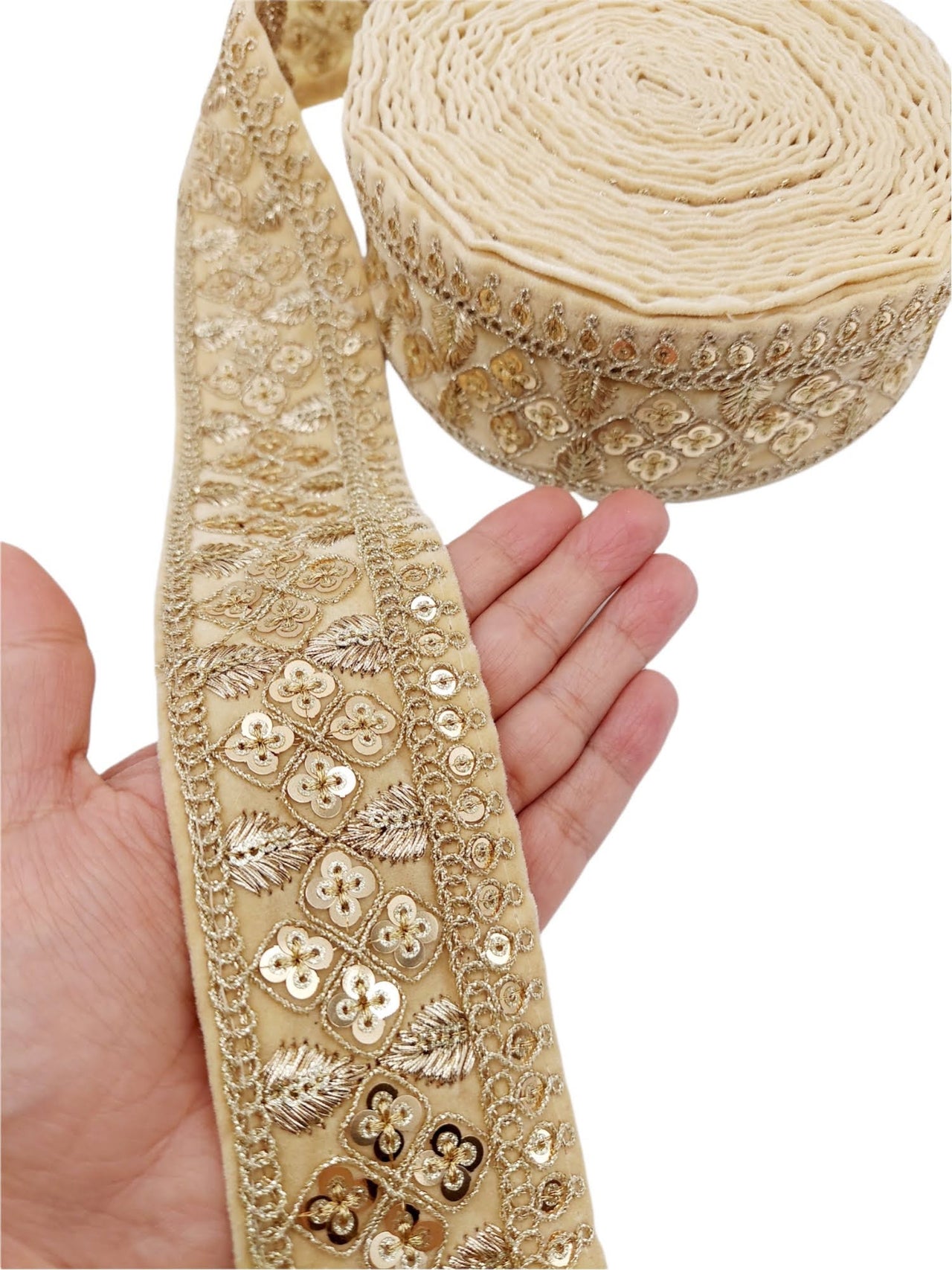 Velvet Fabric Sari Border Trim With Gold Sequins Embroidery, Trim By 9 Yards, Decorative Trimming