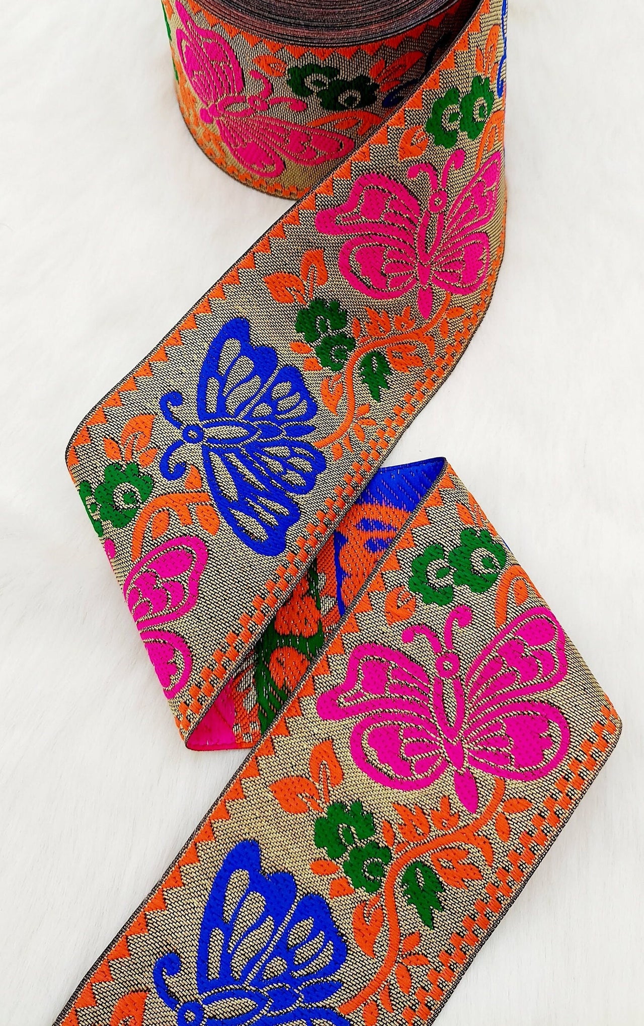 9 Yards Antique Gold Jacquard Brocade Sari Border Trim, Indian Woven Ribbon, Butterfly Trim