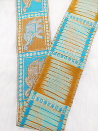Thumbnail for Beige Shimmer Jacquard Brocade Saree Border Trim with Elephant Woven in Brown and Blue, 9 Yards