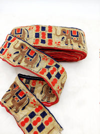 Thumbnail for Beige Shimmer Gold Art Silk Fabric Trim with Elephant Embroidery, Lace Trim, Indian Lace Trim