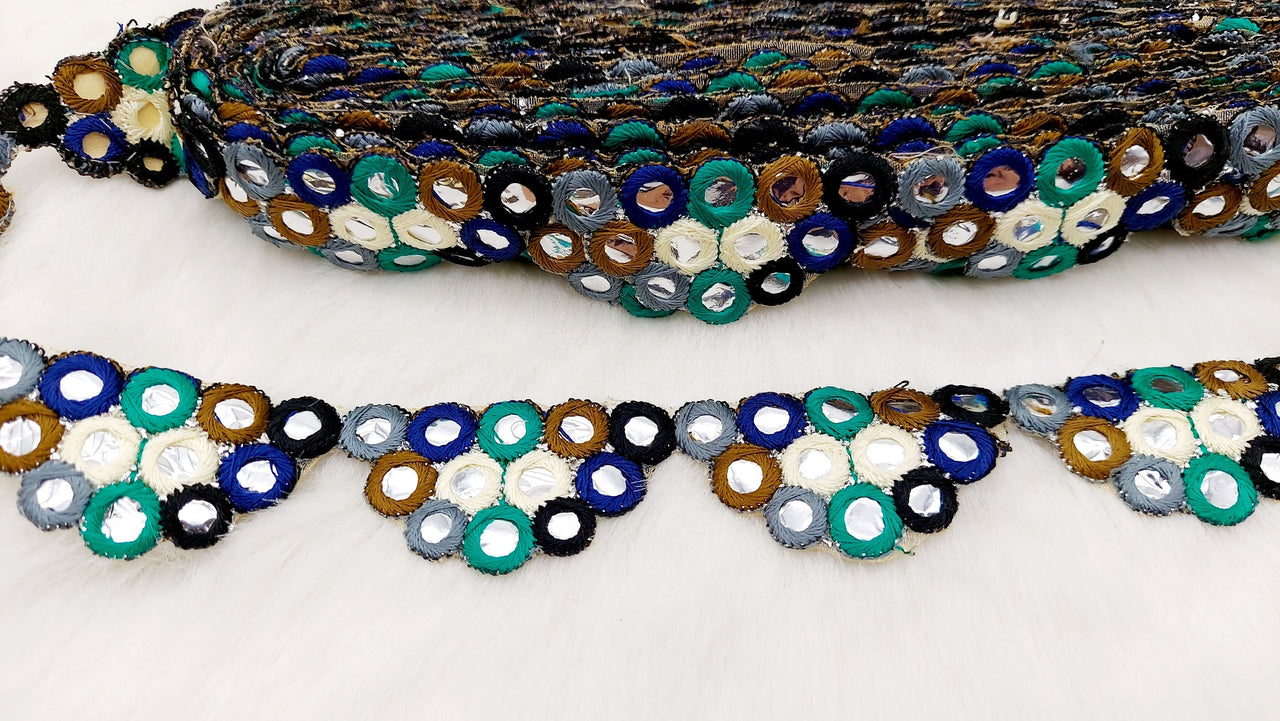 Multicoloured Indian Foil Mirror Trim, Kutch Embroidered Navratri Garba Dress Trim Bridal Lace, Indian Sari Border 9 Yards