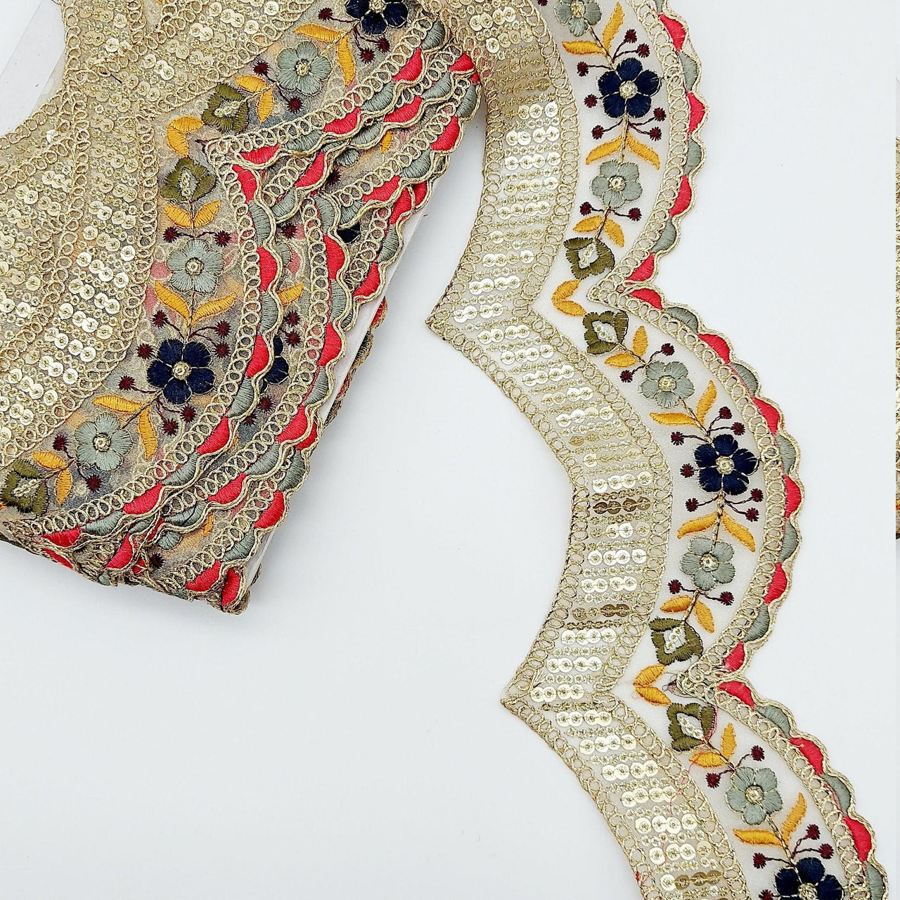 9 Yards Scallop Sequin Floral Border, Beige Shimmer Tissue Fabric Lace Trim Flowers Embroidery, Floral Sari Trimming