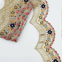 Thumbnail for 9 Yards Scallop Sequin Floral Border, Beige Shimmer Tissue Fabric Lace Trim Flowers Embroidery, Floral Sari Trimming