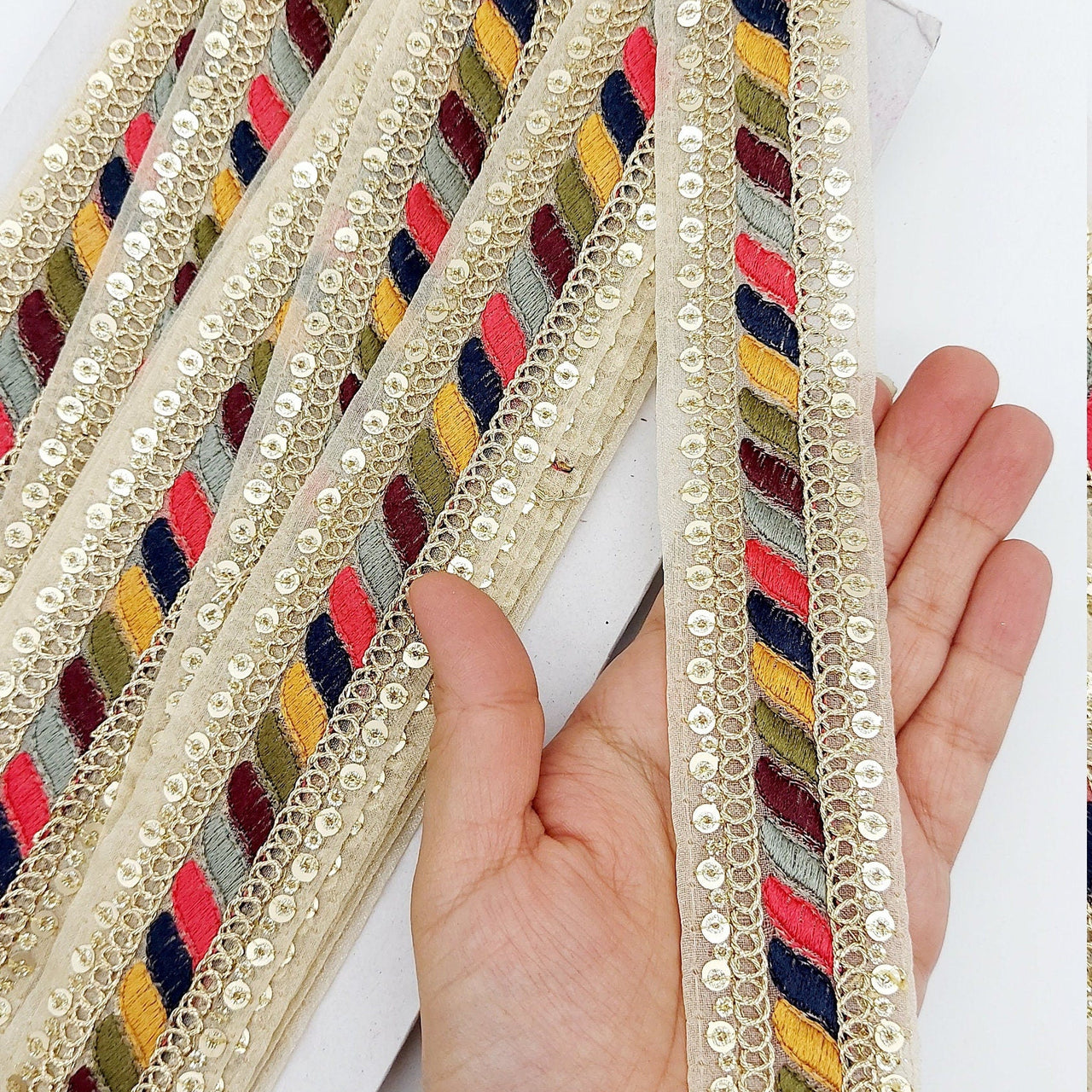 9 Yards Tissue Fabric Sequin Border, Beige Shimmer Tissue Fabric Lace Trim Stripes Embroidery, Decorative Trim