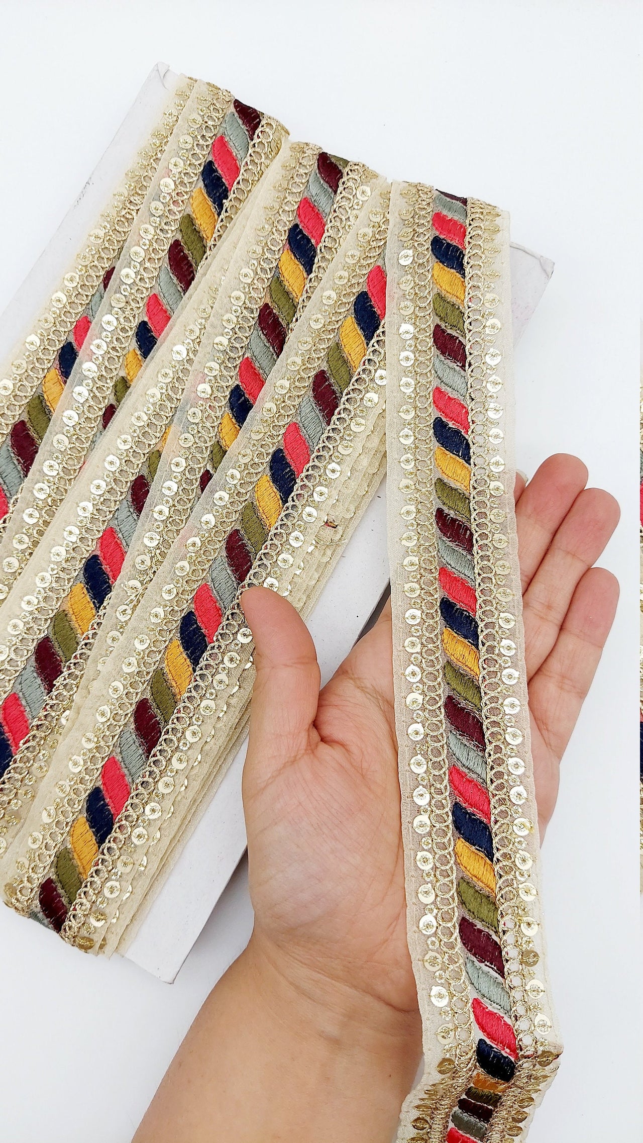 Tissue Fabric Sequin Border, Beige Shimmer Tissue Fabric Lace Trim Stripes Embroidery, Decorative Trim