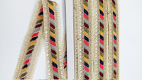 Thumbnail for Tissue Fabric Sequin Border, Beige Shimmer Tissue Fabric Lace Trim Stripes Embroidery, Decorative Trim
