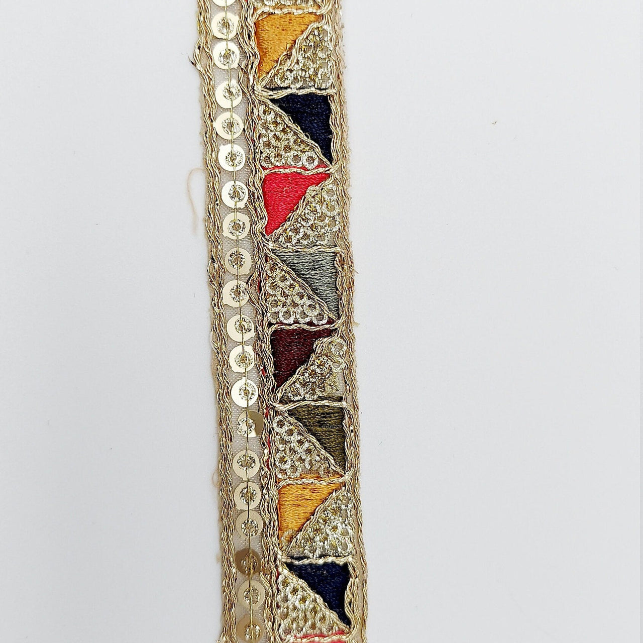 Gold Sequin Border With Multicoloured Triangle Embroidery, Beige Shimmer Lace Trim, Decorative Trim