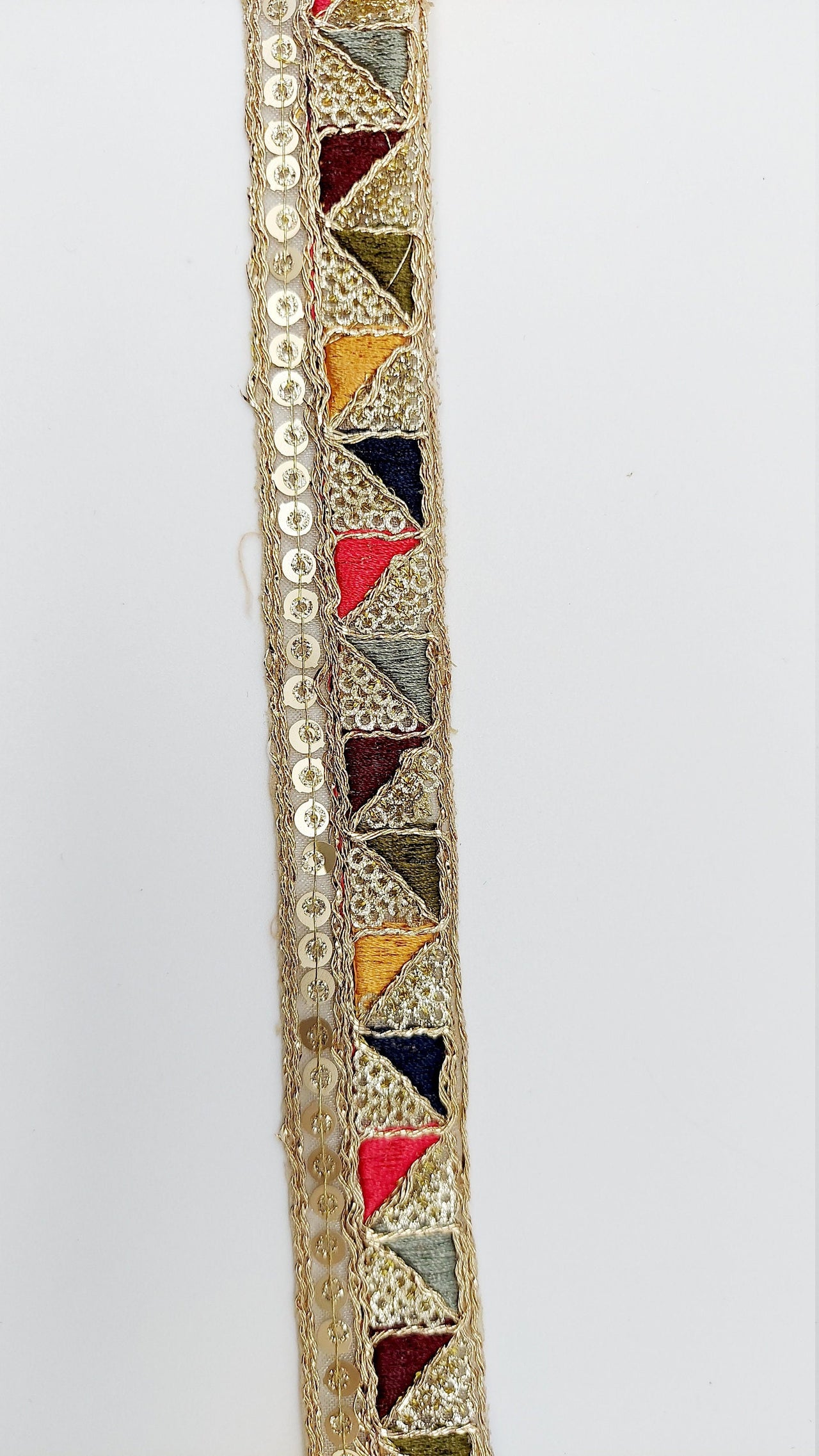 Gold Sequin Border With Multicoloured Triangle Embroidery, Beige Shimmer Lace Trim, Decorative Trim