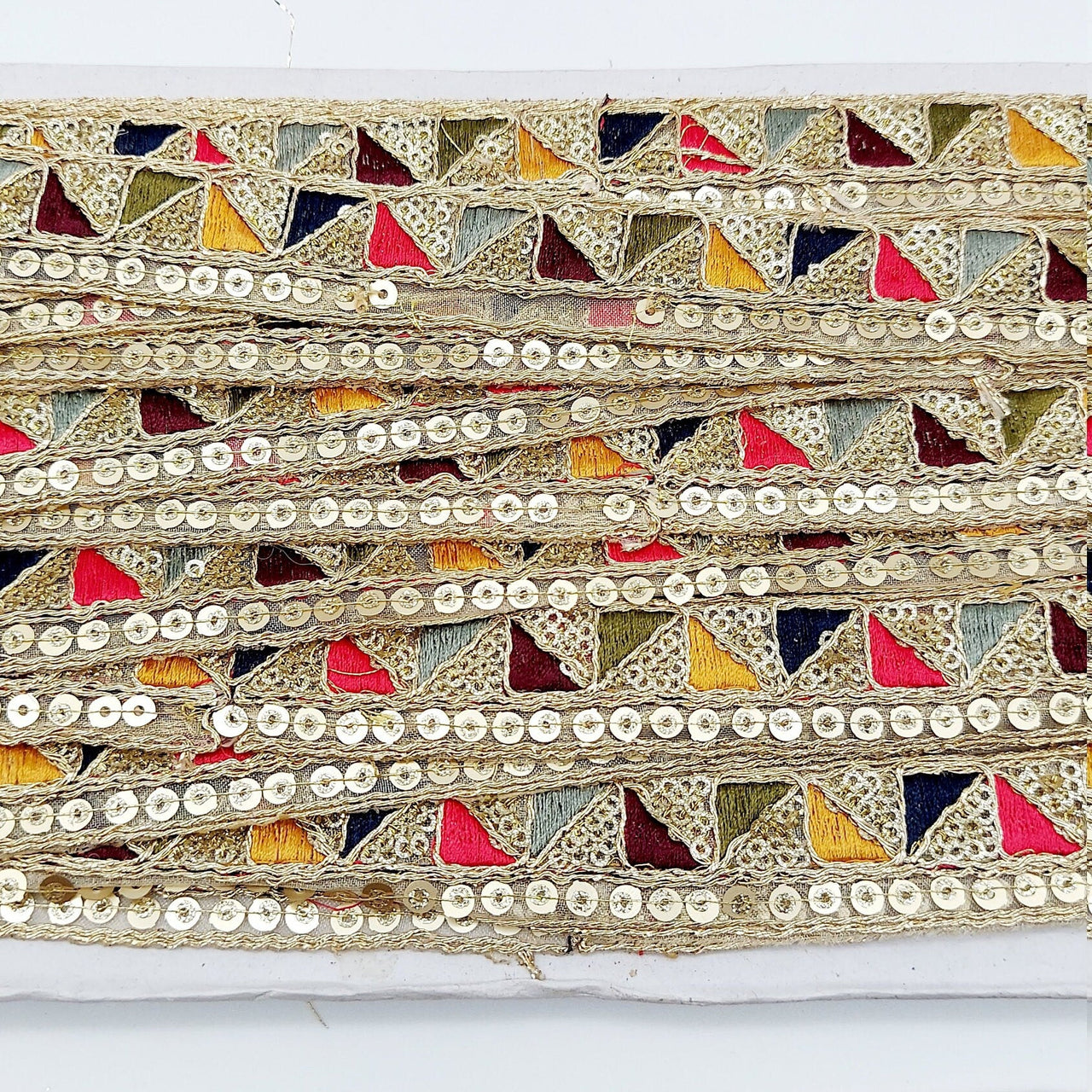Gold Sequin Border With Multicoloured Triangle Embroidery, Beige Shimmer Lace Trim, Decorative Trim