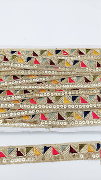 Thumbnail for Gold Sequin Border With Multicoloured Triangle Embroidery, Beige Shimmer Lace Trim, Decorative Trim