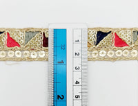 Thumbnail for Gold Sequin Border With Multicoloured Triangle Embroidery, Beige Shimmer Lace Trim, Decorative Trim
