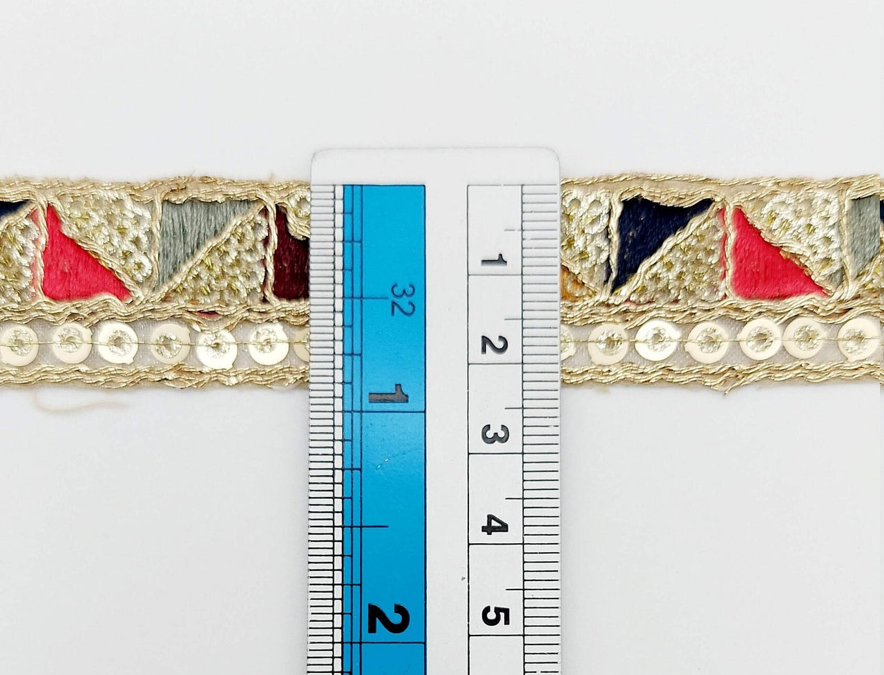 Gold Sequin Border With Multicoloured Triangle Embroidery, Beige Shimmer Lace Trim, Decorative Trim