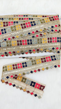 Thumbnail for Gold Sequin Border With Multicoloured Floral Embroidery, Beige Shimmer Lace Trim, Decorative Trim