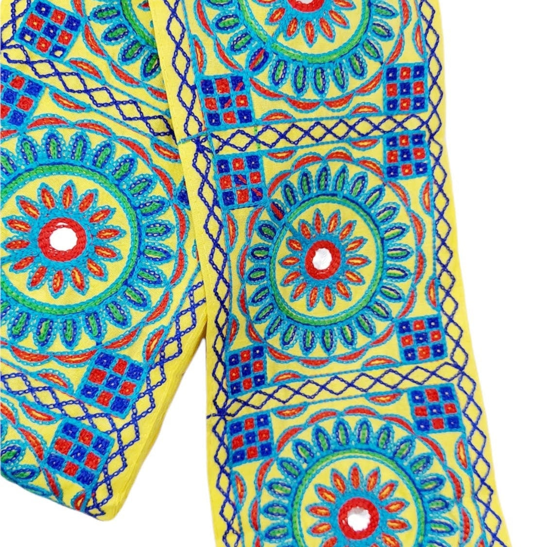 Indian Yellow Fabric Trim, Mirror Floral Kutch Embroidered, Decorative Trim