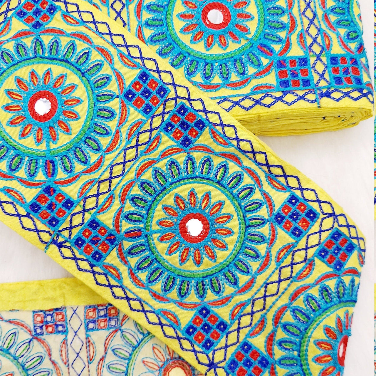 Indian Yellow Fabric Trim, Mirror Floral Kutch Embroidered, Decorative Trim