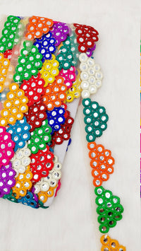 Thumbnail for Multicoloured Indian Foil Mirror Trim, Kutch Embroidered Navratri Garba Dress Trim Bridal Lace, Indian Sari Border 9 Yards