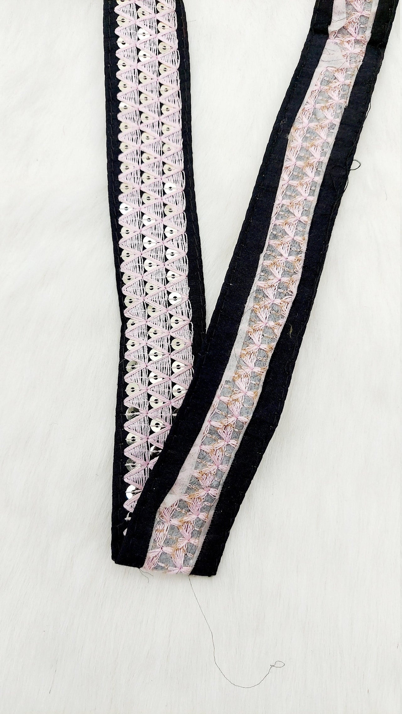 Black Cotton Fabric Lace Trim with Pink Thread and Gold Sequins Embroidery, Decorative Trim, Bohemian Trim