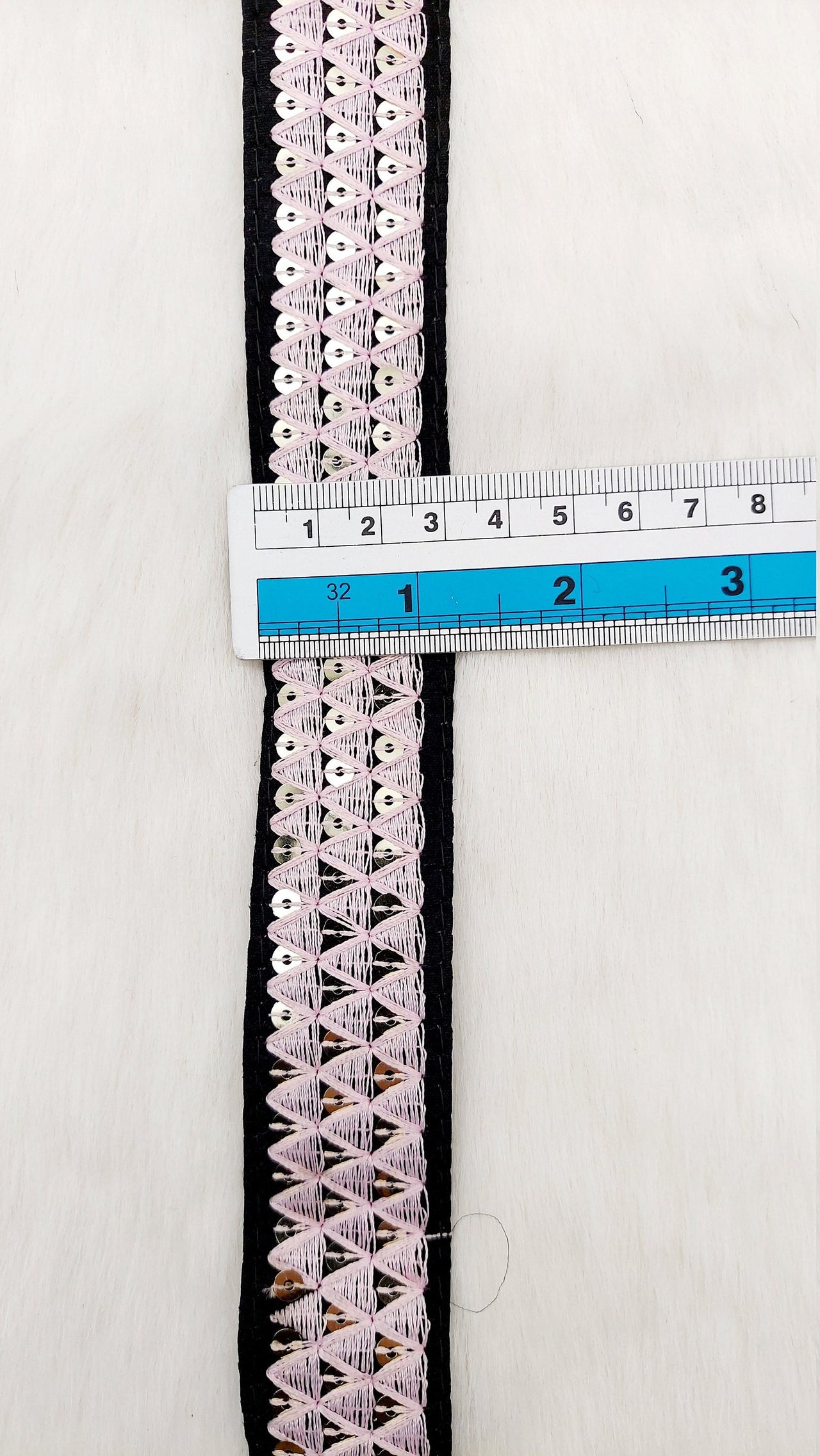 Black Cotton Fabric Lace Trim with Pink Thread and Gold Sequins Embroidery, Decorative Trim, Bohemian Trim
