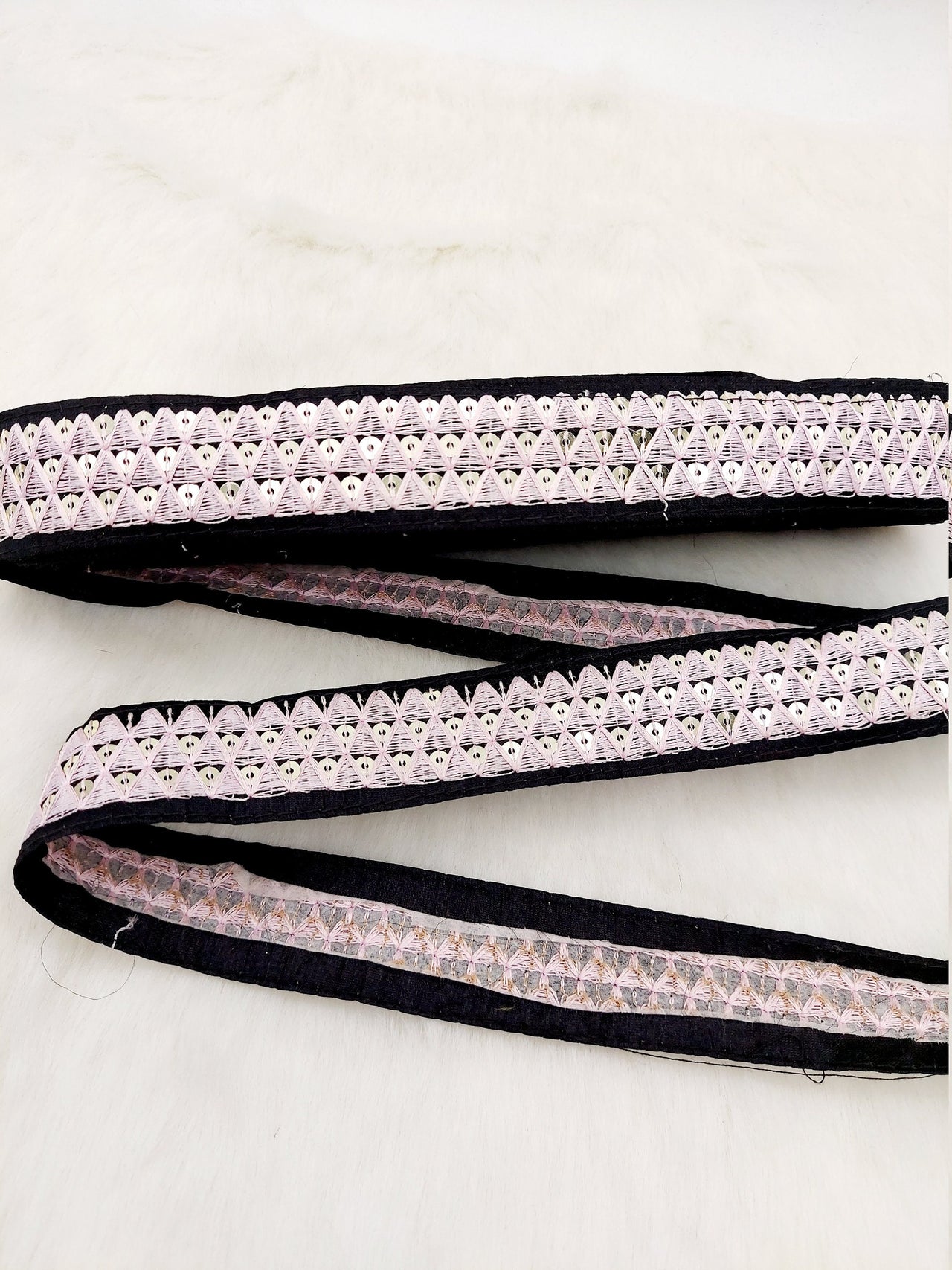 Black Cotton Fabric Lace Trim with Pink Thread and Gold Sequins Embroidery, Decorative Trim, Bohemian Trim