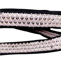 Thumbnail for Black Cotton Fabric Lace Trim with Pink Thread and Gold Sequins Embroidery, Decorative Trim, Bohemian Trim