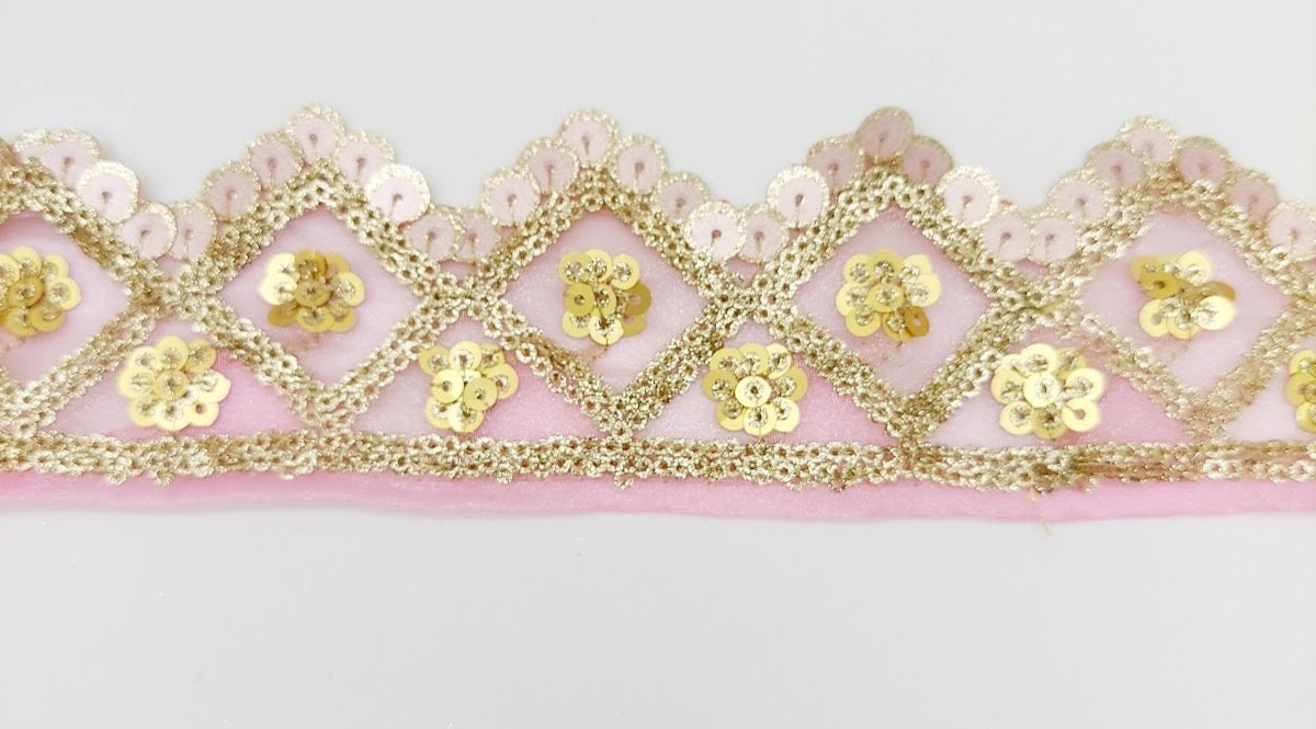 Pink Tissue Embroidered Trim, Gold Sequins Trim Decorative Lace Sari Border Costume Ribbon Crafting Sewing Tape, 1 yard