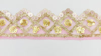Thumbnail for Pink Tissue Embroidered Trim, Gold Sequins Trim Decorative Lace Sari Border Costume Ribbon Crafting Sewing Tape, 1 yard