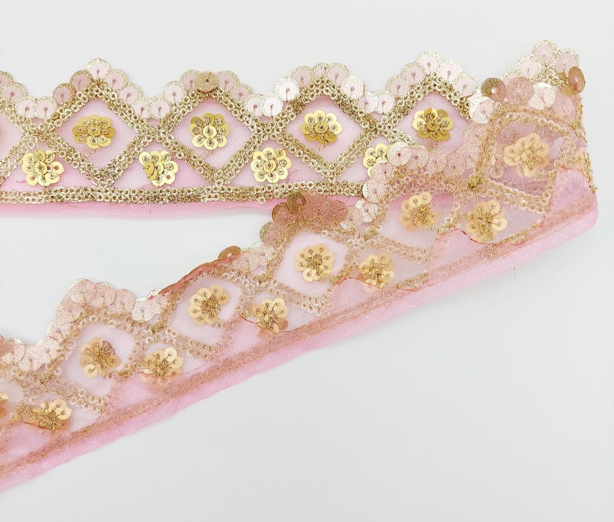 Pink Tissue Embroidered Trim, Gold Sequins Trim Decorative Lace Sari Border Costume Ribbon Crafting Sewing Tape, 1 yard