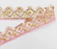Thumbnail for Pink Tissue Embroidered Trim, Gold Sequins Trim Decorative Lace Sari Border Costume Ribbon Crafting Sewing Tape, 1 yard