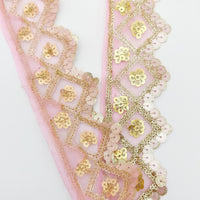 Thumbnail for Pink Tissue Embroidered Trim, Gold Sequins Trim Decorative Lace Sari Border Costume Ribbon Crafting Sewing Tape, 1 yard