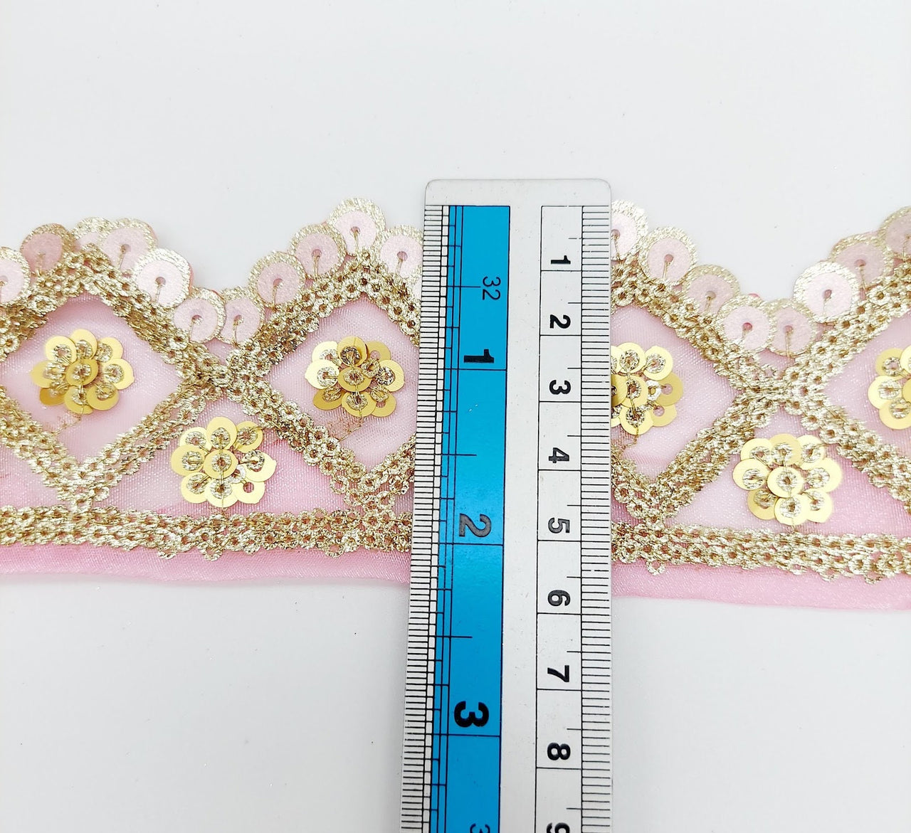 Pink Tissue Embroidered Trim, Gold Sequins Trim Decorative Lace Sari Border Costume Ribbon Crafting Sewing Tape, 1 yard