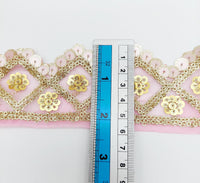 Thumbnail for Pink Tissue Embroidered Trim, Gold Sequins Trim Decorative Lace Sari Border Costume Ribbon Crafting Sewing Tape, 1 yard
