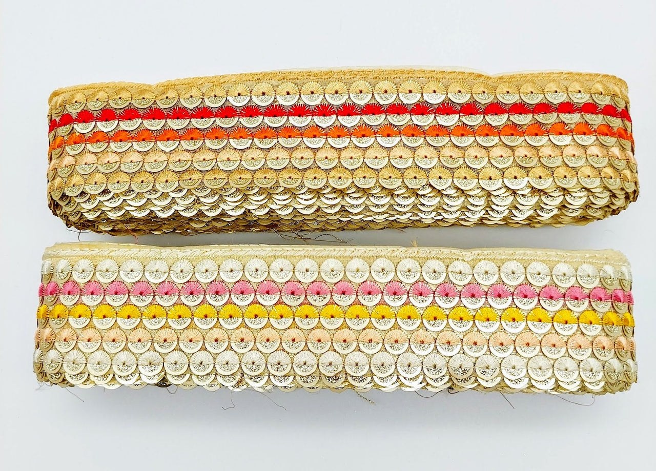 Multicoloured Embroidered Trim Sequins Trim Decorative Lace Sari Border Costume Ribbon Crafting Sewing Tape, Trim by Yard