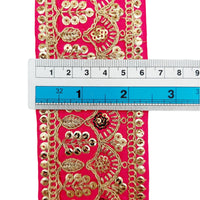 Thumbnail for 2 Yards Dark Pink Gold Embroidered Lace Trim Sequins Trim Decorative Sari Border Costume Ribbon Crafting Sewing Tape