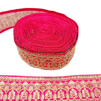 Thumbnail for 2 Yards Dark Pink Gold Embroidered Lace Trim Sequins Trim Decorative Sari Border Costume Ribbon Crafting Sewing Tape