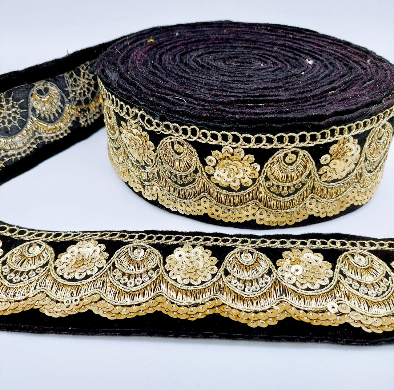 Embroidered Velvet Fabric Trim Sequins Lace Sewing Trimming Sari Trim Indian Border, Trim By Yard
