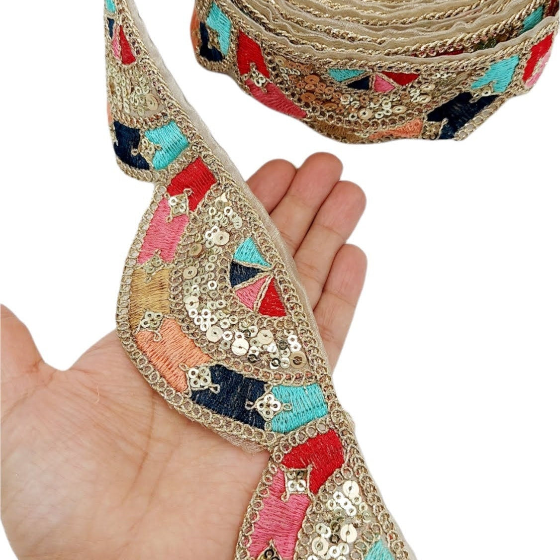 9 Yards Multicoloured Embroidered Trim, Decorative Trim, Indian Sari Border Sequin Trimming