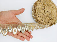 Thumbnail for 9 Yards Sheer Gold Tissue Fabric Scalloped Lace Trim with Indian Gold Foil Work Gota Patti Sari Border
