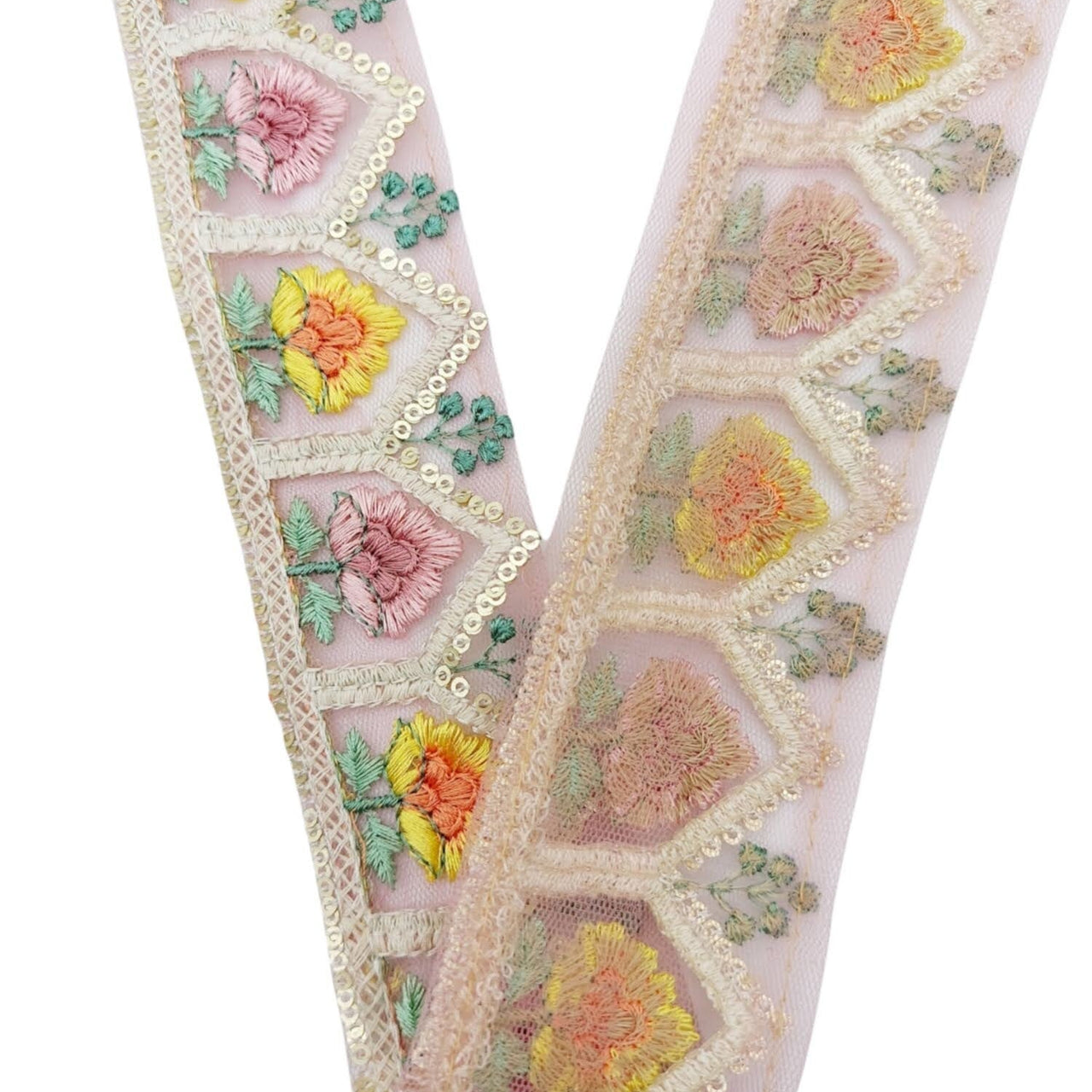 9 Yards Rose Taupe Soft Net Lace Trim Floral Embroidery and Gold Sequins, Floral Sari Border, Decorative Trim