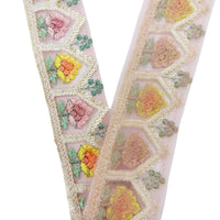 Thumbnail for 9 Yards Rose Taupe Soft Net Lace Trim Floral Embroidery and Gold Sequins, Floral Sari Border, Decorative Trim