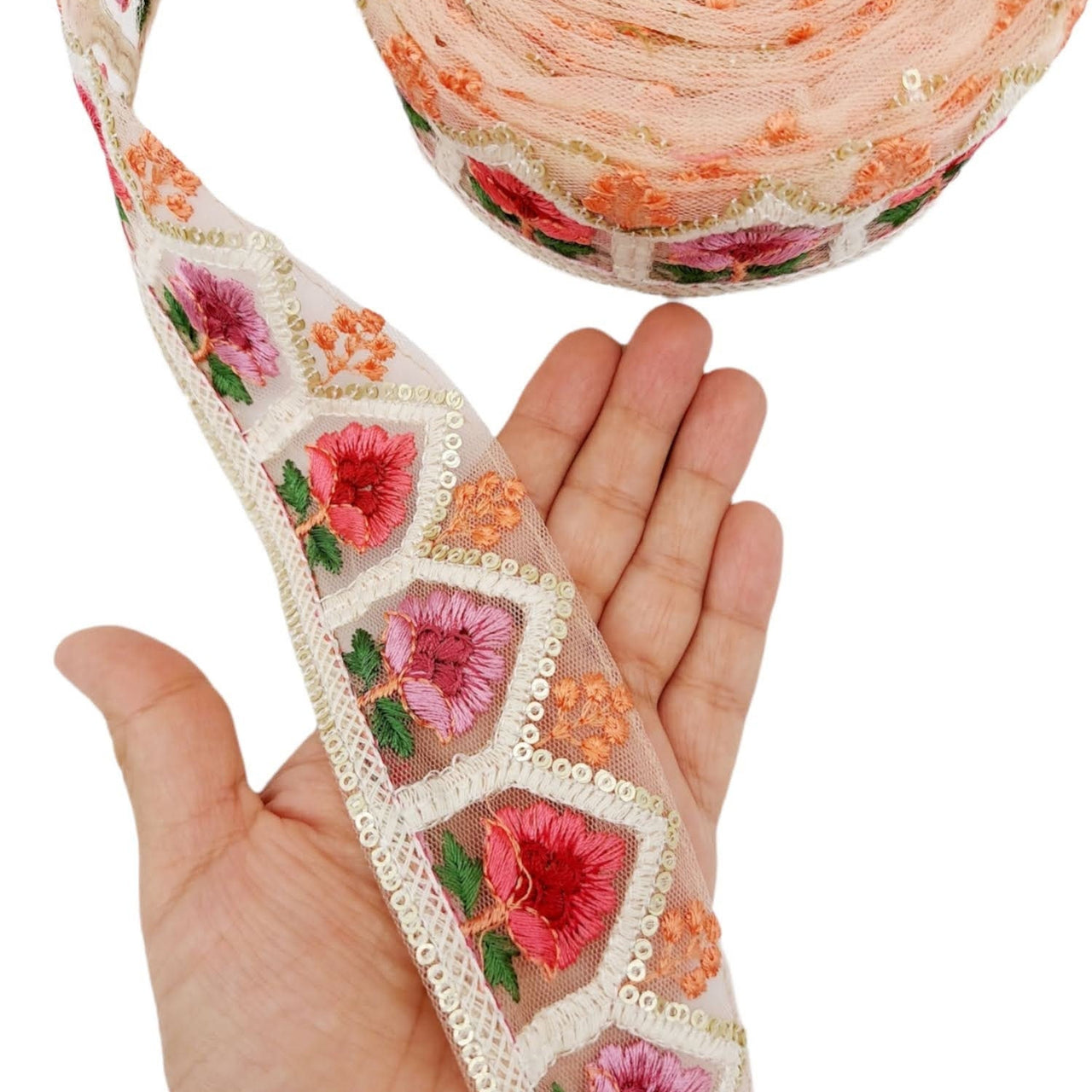 9 Yards Peach Soft Net Lace Trim Floral Embroidery and Gold Sequins, Floral Sari Border, Decorative Trim