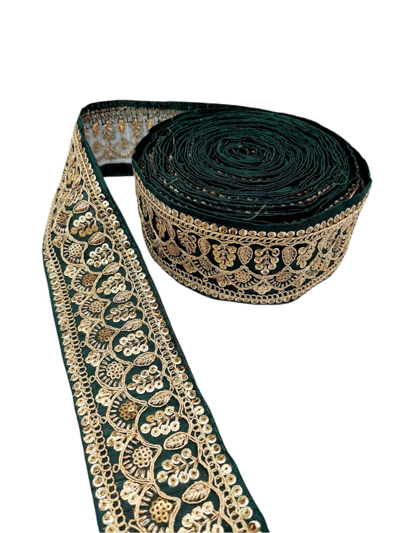 2 Yards, Dark Green Gold Embroidered Lace Trim Sequins Trim Decorative Sari Border Costume Ribbon Crafting Sewing Tape