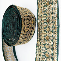 Thumbnail for Dark Green Gold Embroidered Lace Trim Sequins Trim 9 Yard Decorative Sari Border Costume Ribbon Crafting Sewing Tape