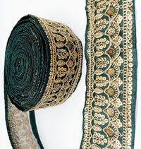 Thumbnail for 2 Yards, Dark Green Gold Embroidered Lace Trim Sequins Trim Decorative Sari Border Costume Ribbon Crafting Sewing Tape