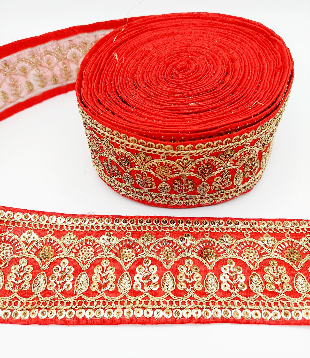 2 Yards, Red Gold Embroidered Lace Trim Sequins Trim 9 Yard Decorative Sari Border Costume Ribbon Crafting Sewing Tape
