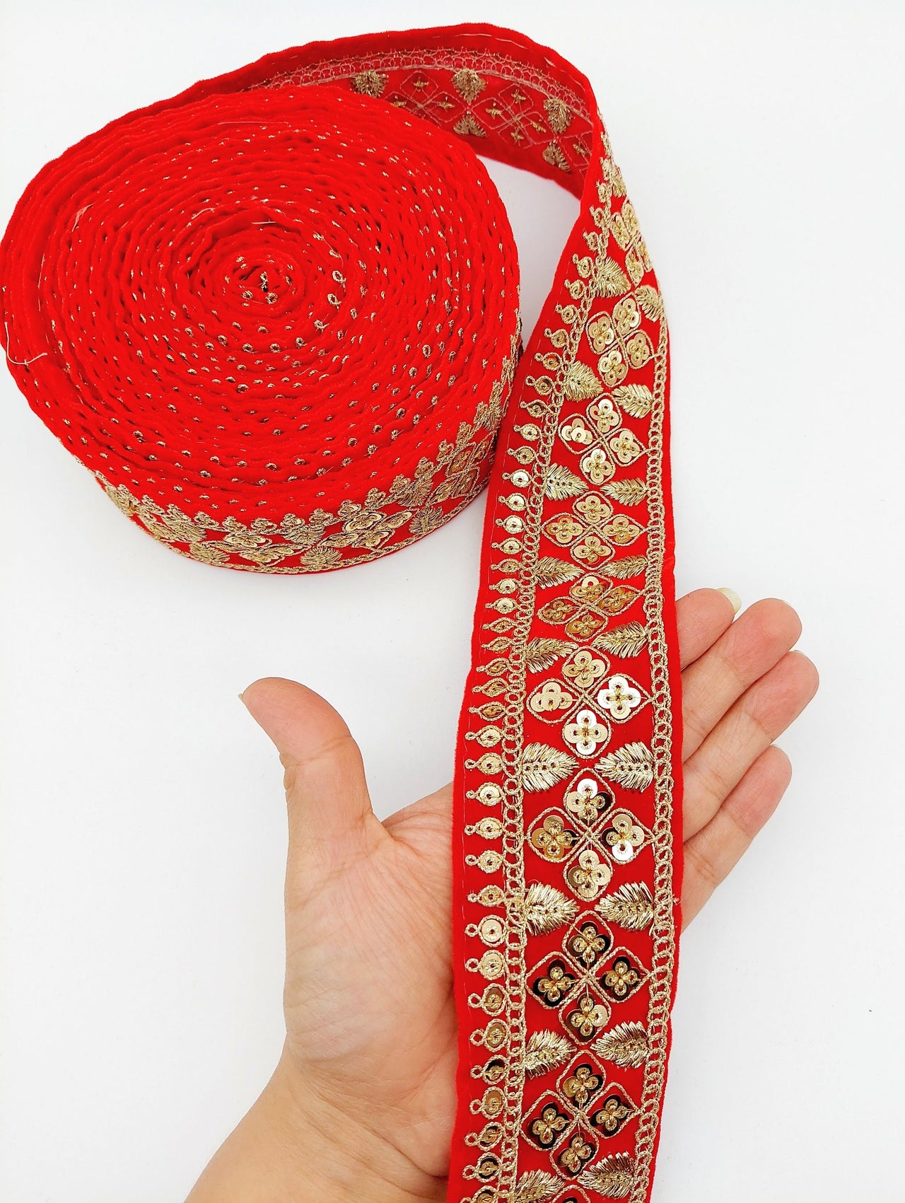 Velvet Fabric Sari Border Trim With Gold Sequins Embroidery, Trim By 9 Yards, Decorative Trimming