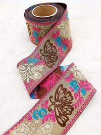 Thumbnail for 9 Yards Antique Gold Jacquard Brocade Sari Border Trim, Indian Woven Ribbon, Butterfly Trim